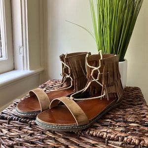 Fringe lace up sandals